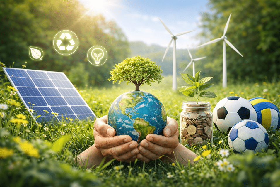 H&auml;nde halten eine Miniatur-Erde mit einem Baum, umgeben von Solarzellen, Pflanzen und Sportb&auml;llen auf einer Wiese.