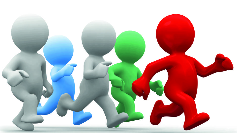 F&uuml;nf stilisierte Figuren, eine rot, die anderen in verschiedenen Blau- und Graut&ouml;nen, laufen in dieselbe Richtung.