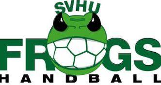 Logo der Handballmannschaft "SVHU Frogs" mit einem gr&uuml;nen Frosch und einem Fu&szlig;ball auf einem wei&szlig;en Hintergrund.