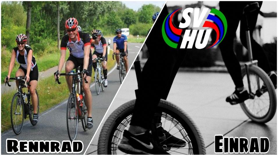 Gruppenausfahrt von Radfahrern auf Rennr&auml;dern links und eine Nahaufnahme von F&uuml;&szlig;en auf einem Einrad rechts.