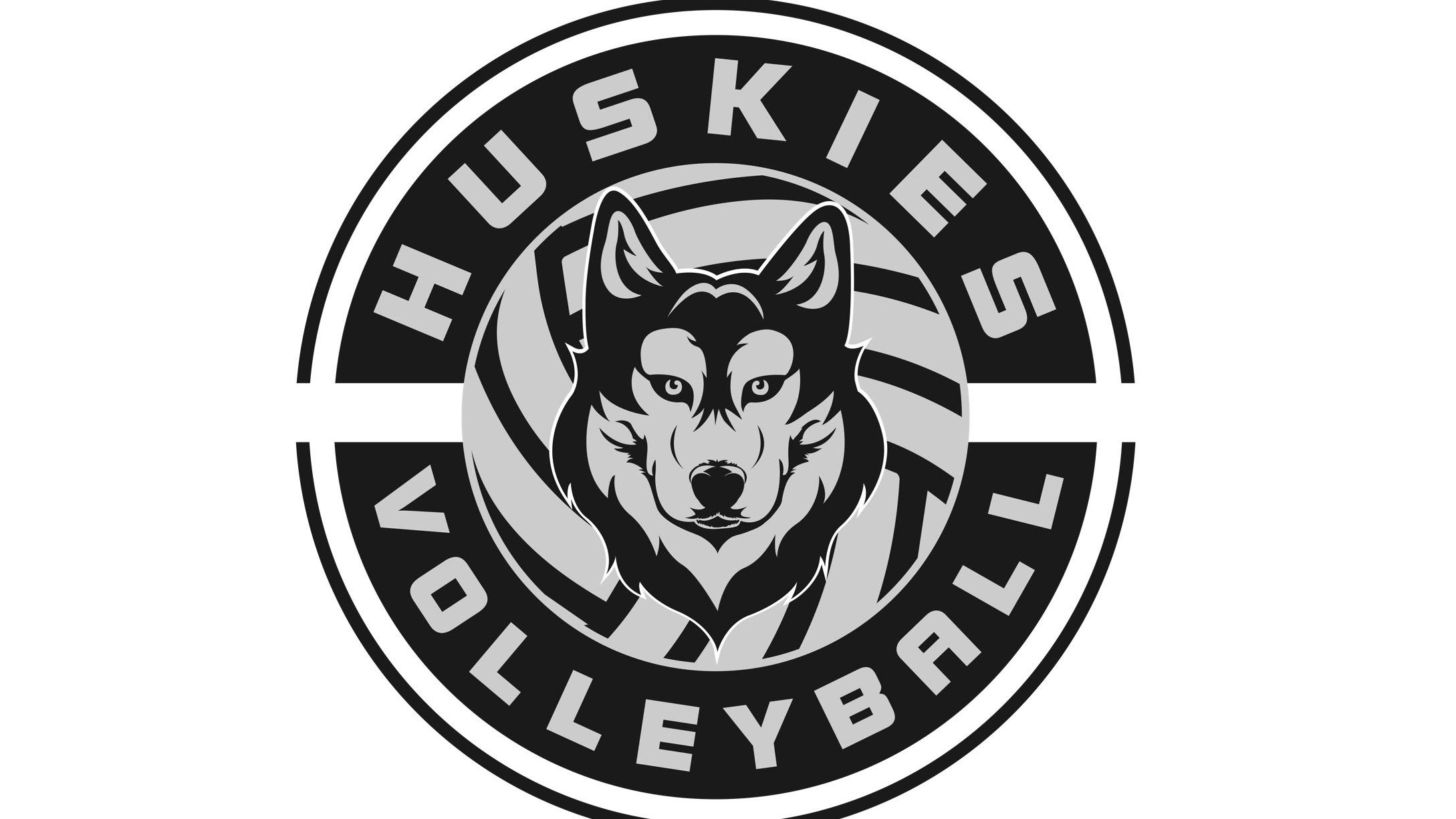 Logo mit einem Husky und dem Schriftzug "HUSKIES VOLLEYBALL" in Schwarz-Wei&szlig; auf runden Hintergrund.