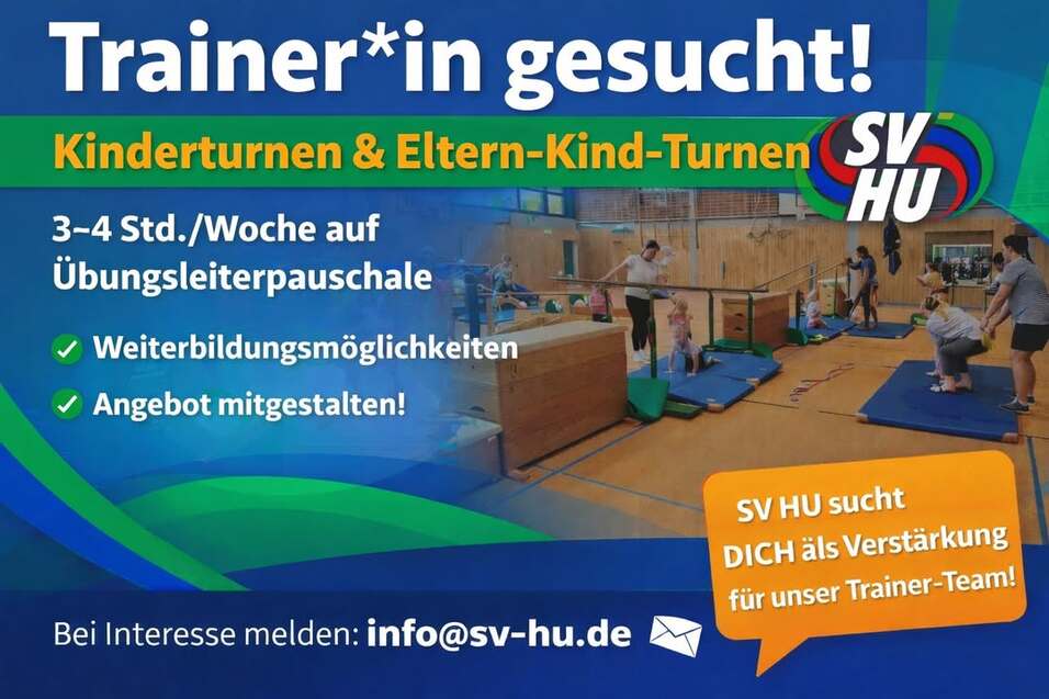 Anzeige f&uuml;r Trainersuche im Bereich Kinderturnen und Eltern-Kind-Turnen mit Informationen zu Stundenumfang und Weiterbildung.