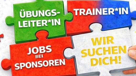 Bunte Puzzlest&uuml;cke mit den Texten &bdquo;&Uuml;bungsleiter*in&ldquo;, &bdquo;Trainer*in&ldquo; und &bdquo;Jobs bei Sponsoren&ldquo; sowie &bdquo;Wir suchen dich!&ldquo; in der Mitte.
