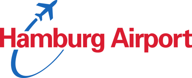 Logo von Hamburg Airport mit einem Flugzeugsymbol und der Schriftzug "Hamburg Airport" in Rot und Blau.