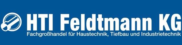 Logo der HTI Feldtmann KG, Fachgro&szlig;handel f&uuml;r Haustechnik, Tiefbau und Industrietechnik auf blauem Hintergrund.