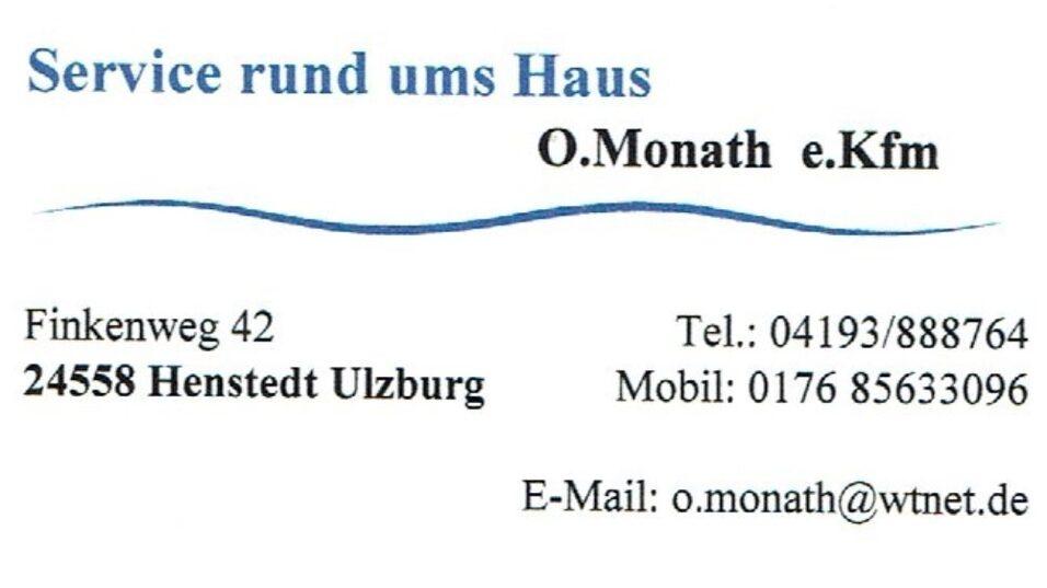 Visitenkarte von O. Monath e.Kfm mit Kontaktdaten, Adresse und E-Mail in klarer Schrift.