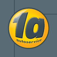 Logo von 1a Autoservice in Gelb und Grau auf grauem Hintergrund, mit der Zahl &bdquo;1&ldquo; und dem Wort &bdquo;autoservice&ldquo;.