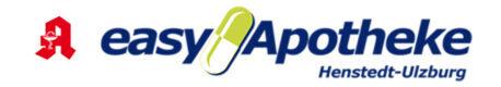 Logo der easyApotheke Henstedt-Ulzburg mit rotem Symbol und gr&uuml;nem Kapsel-Design.