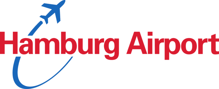 Logo von Hamburg Airport mit einem Flugzeugsymbol und der Schriftzug "Hamburg Airport" in Rot und Blau.