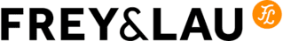 Logo von FREY & LAU mit stilisiertem Schriftzug in Schwarz und orangefarbener Hervorhebung des Buchstabens &bdquo;F&ldquo;.