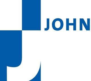 Logo von JOHN in blauer Schrift, kombiniert mit geometrischen Formen in &auml;hnlichen Farbt&ouml;nen.