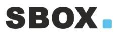 Logo von SBOX in modernem Design, bestehend aus dem Schriftzug &bdquo;SBOX&ldquo; in schwarzer Schrift und einem blauen Punkt.