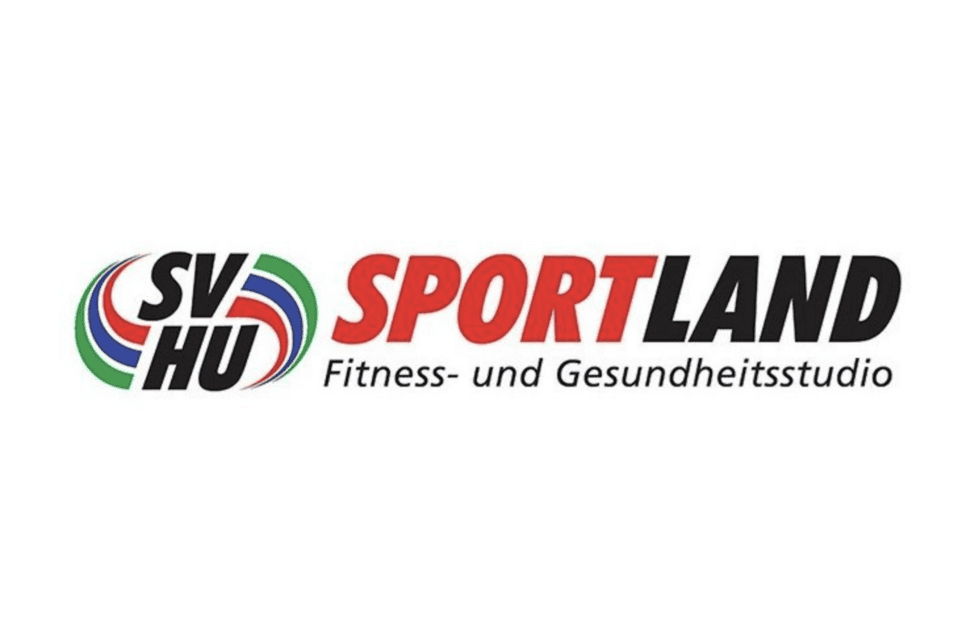Logo des Fitness- und Gesundheitsstudios "SVHU SPORTLAND" mit farbigen Elementen und Beschreibung des Services.