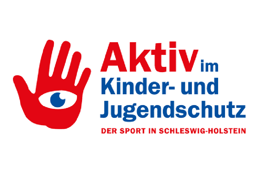 Logo "Aktiv im Kinder- und Jugendschutz" mit roter Hand und Auge, Text in blau und rot, Sport in Schleswig-Holstein.