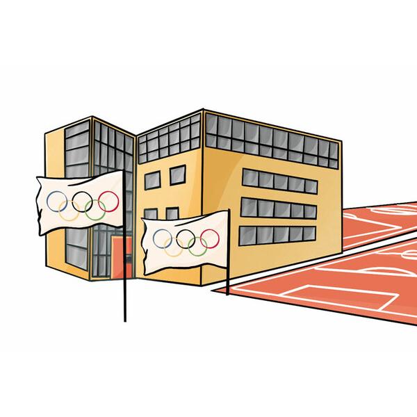 Illustration eines modernen Geb&auml;udes mit olympischen Fahnen und einem roten Sportplatz im Vordergrund.