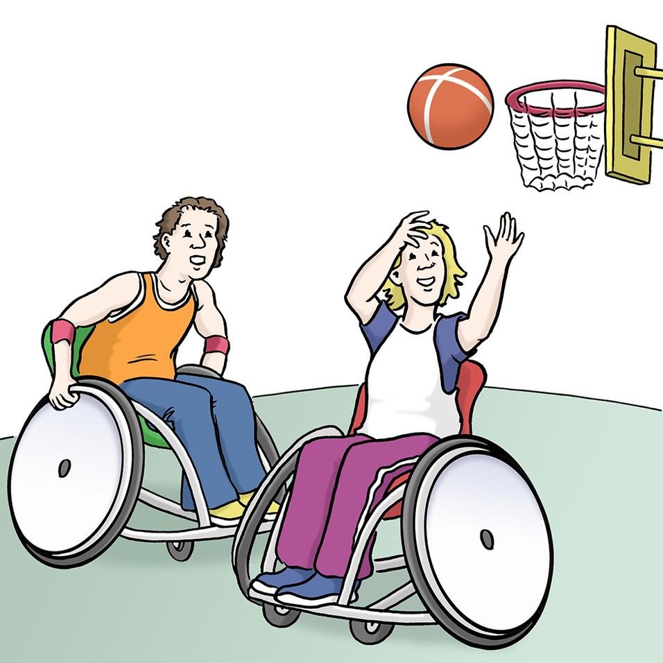 Zwei Kinder im Rollstuhl spielen mit einem Basketball, w&auml;hrend einer einen Wurf auf den Korb macht.