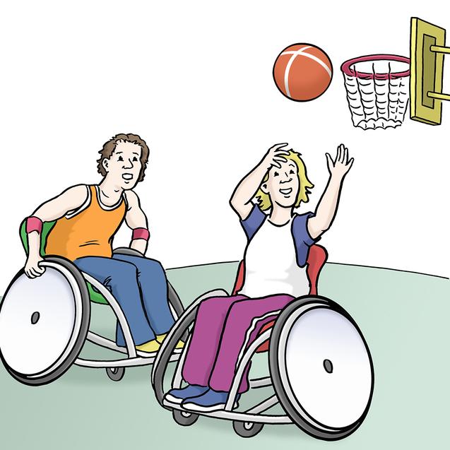 Zwei Kinder im Rollstuhl spielen mit einem Basketball, w&auml;hrend einer einen Wurf auf den Korb macht.