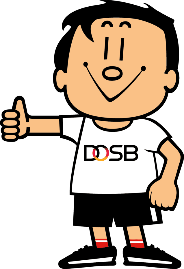 Trimmy, DOSB-Symbolfigur: Junge mit Daumen hoch, DOSB-Shirt, schwarze Shorts und Schuhe.