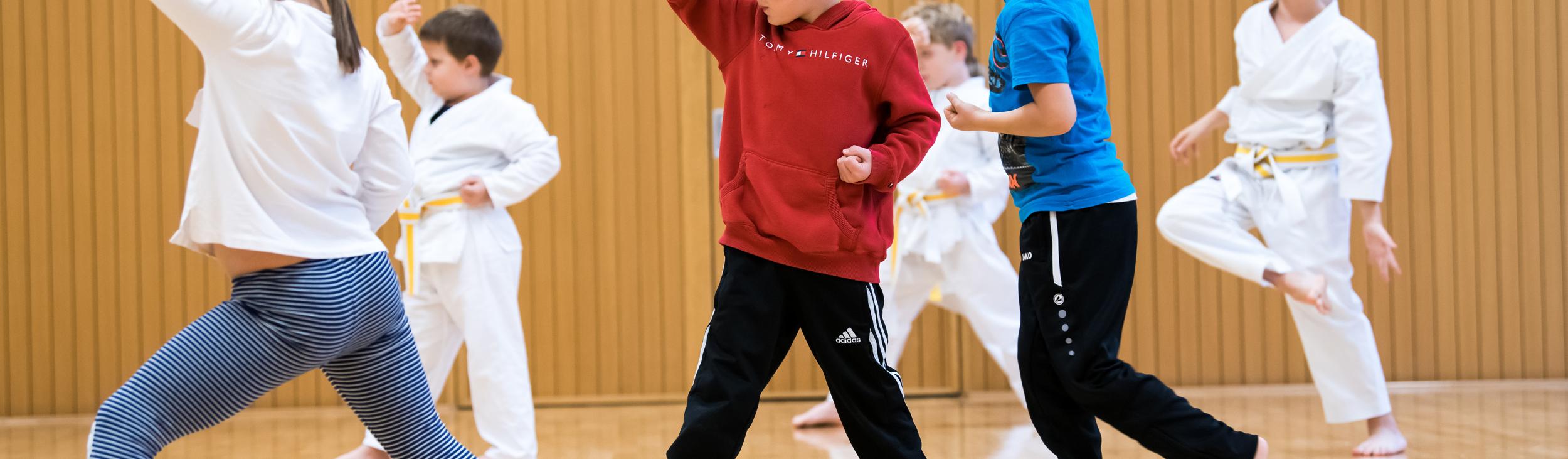 Sechs Kinder üben in einem Sportraum Kampfsportbewegungen in weißer und bunter Kleidung auf einem Holzfußboden.