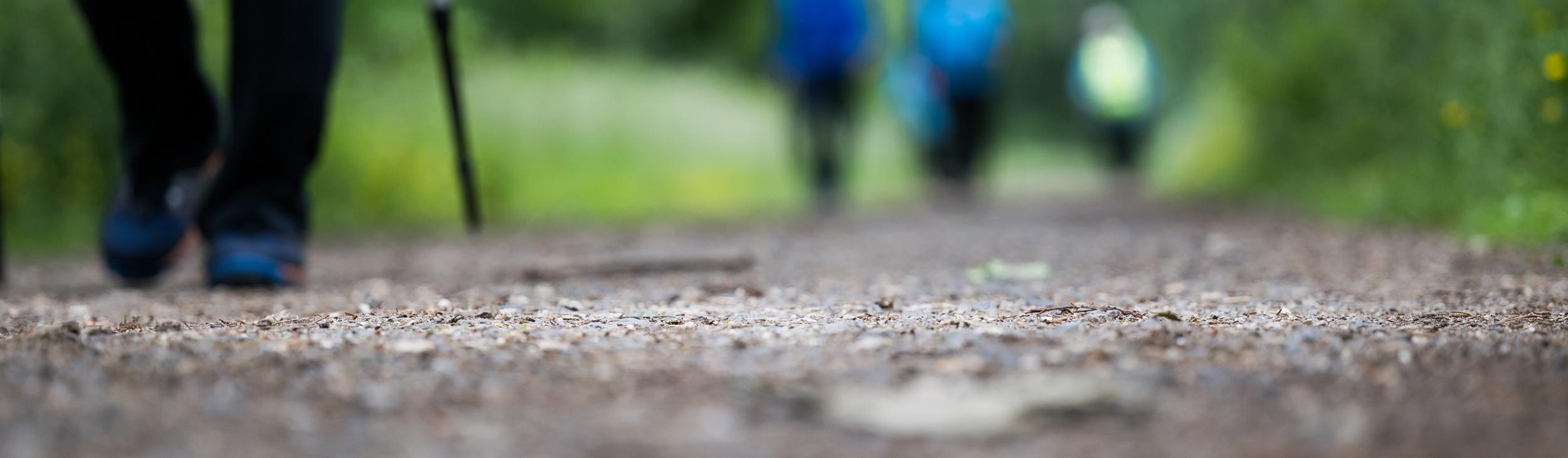 Nahaufnahme eines Gehweges mit einer Person mit Gehstock und verschwommenen Wanderern im Hintergrund.